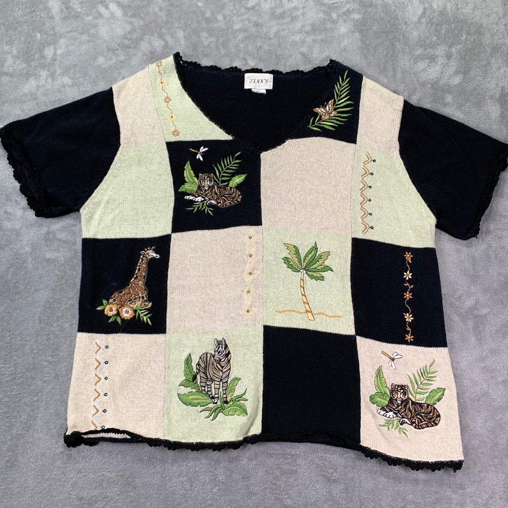 Vintage Jungle Patchwork Embroidered Sweater Tige… - image 1